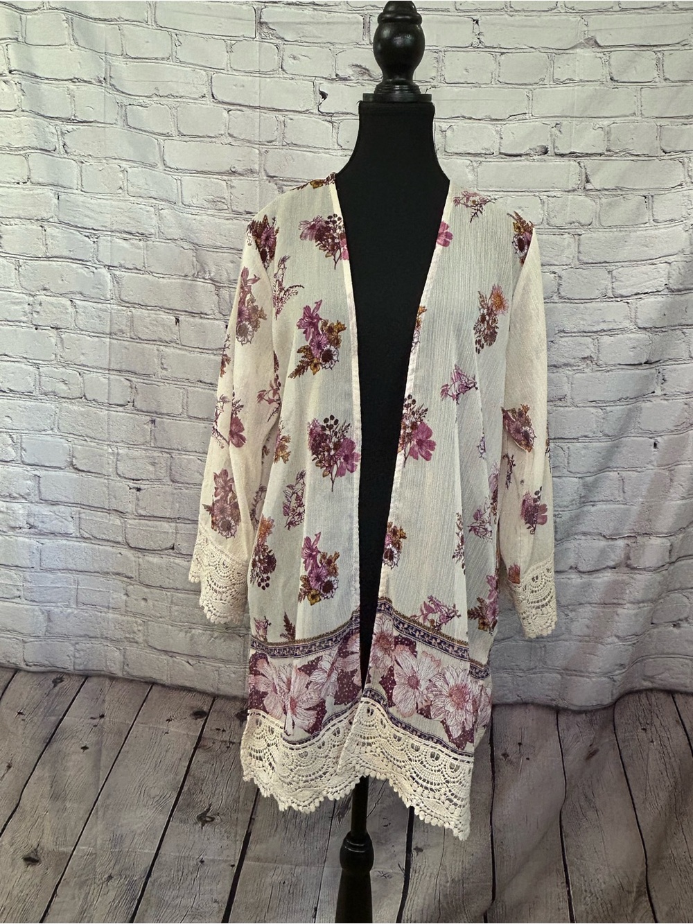 Rewind Cream Cardigan with Purple Floral Print and Crochet Trim